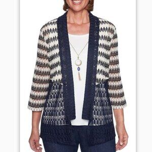 Alfred Dunner Womens Crochet Cardigan Sweater 3/4 Sleeve Open Front Navy/White S